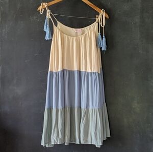 Pink Lily Dress Tie Shoulders Tassels Color Block Lined Short Dress Sz S
